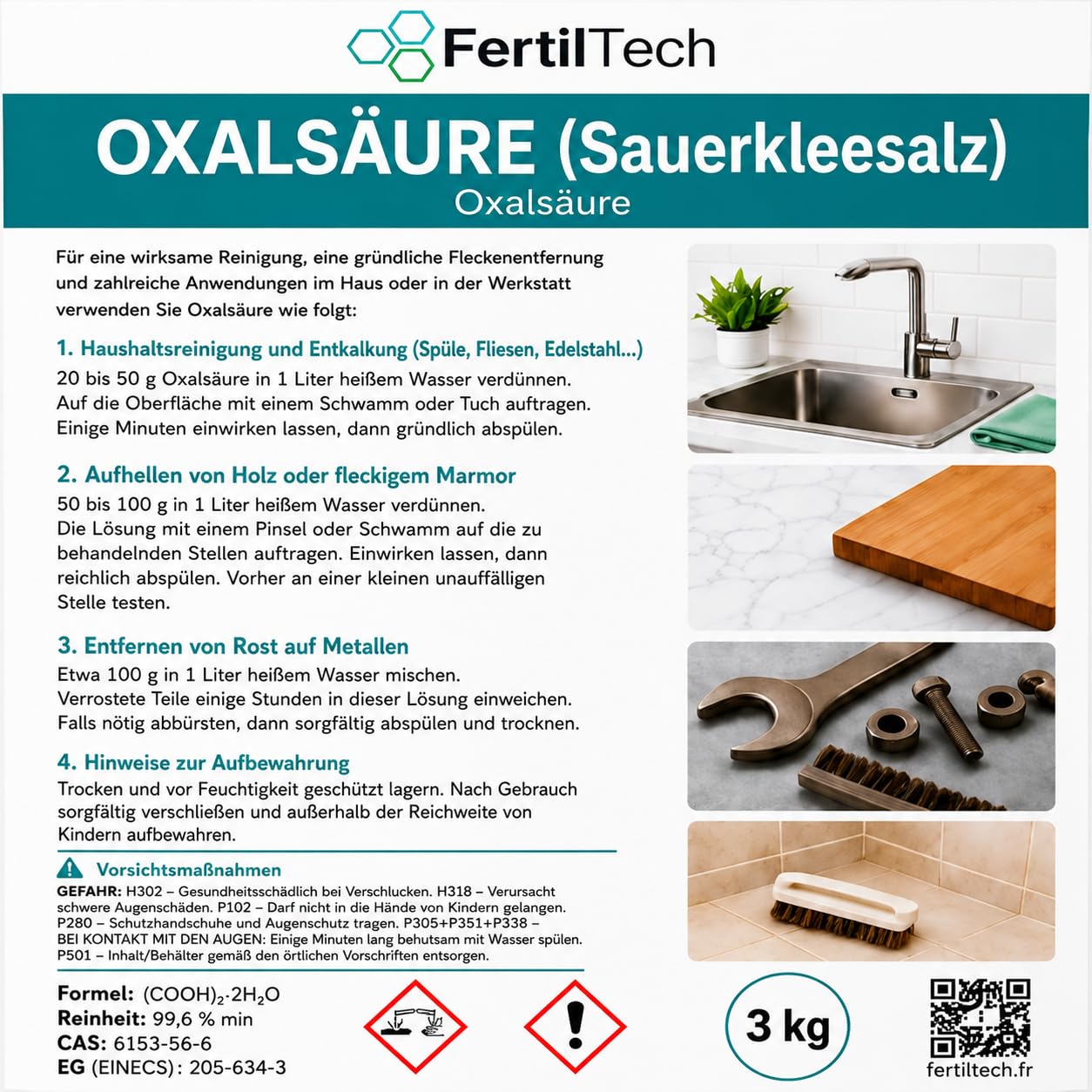 Oxalsäure 3 kg – Hochreines Kleesalz ≥ 99,6 % | Kraftvoller Reiniger für vergrautes Holz, Marmor, Aluminium, Metalle, Böden | Für Haushalt, Werkstatt, Renovierung, DIY