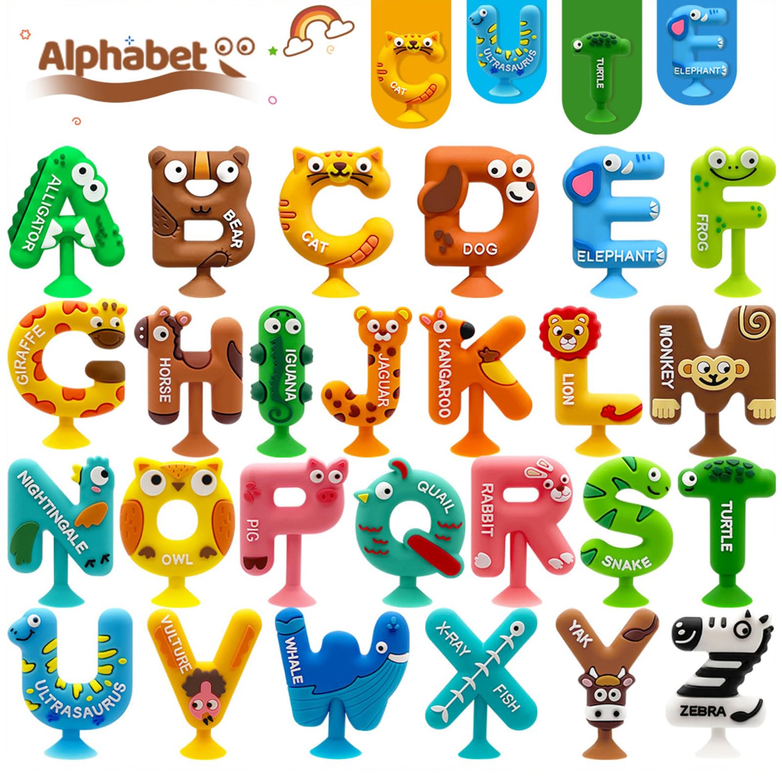 26pcs Alphabet Bath Toys for Toddlers , Educational Suction Bath Toys with Animal Letters, Montessori Sensory Toy for Kids 3-12, No Hole Food-Grade Silicone Toys for Autism/ADD/ADHD