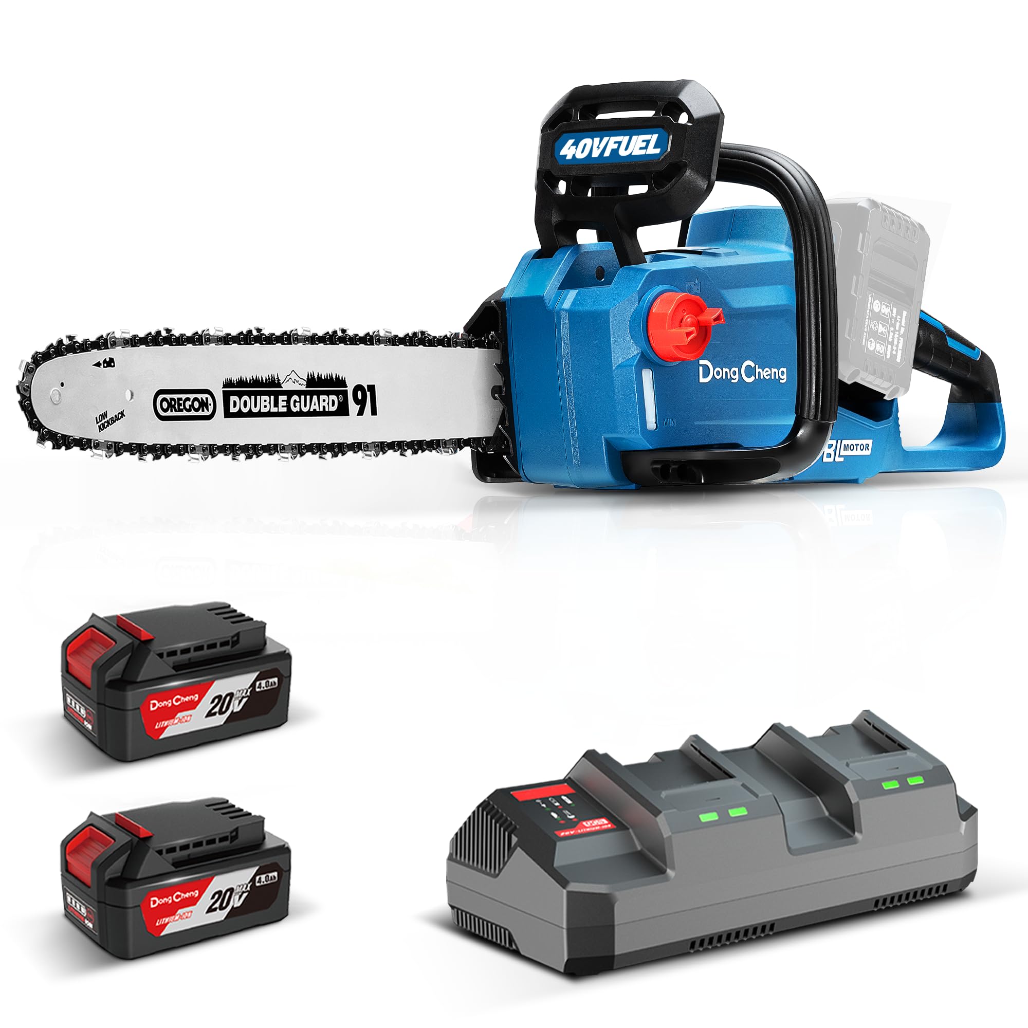 DongCheng Motosierra inalámbrica 40V, Motosierra con batería de 38 cm de longitud de corte, Motor sin escobillas 14 m/s de velocidad de corte, Motosierra con batería con 2x4.0Ah de batería y cargador