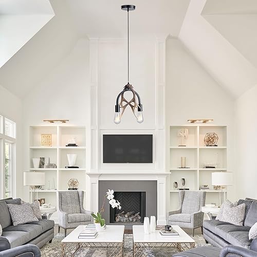 Miniatura 3 de Candelabro de cornamenta, moderna lámpara de cornamenta de ciervo de 2 luces, lámpara colgante de cornamenta negra de hierro de resina para