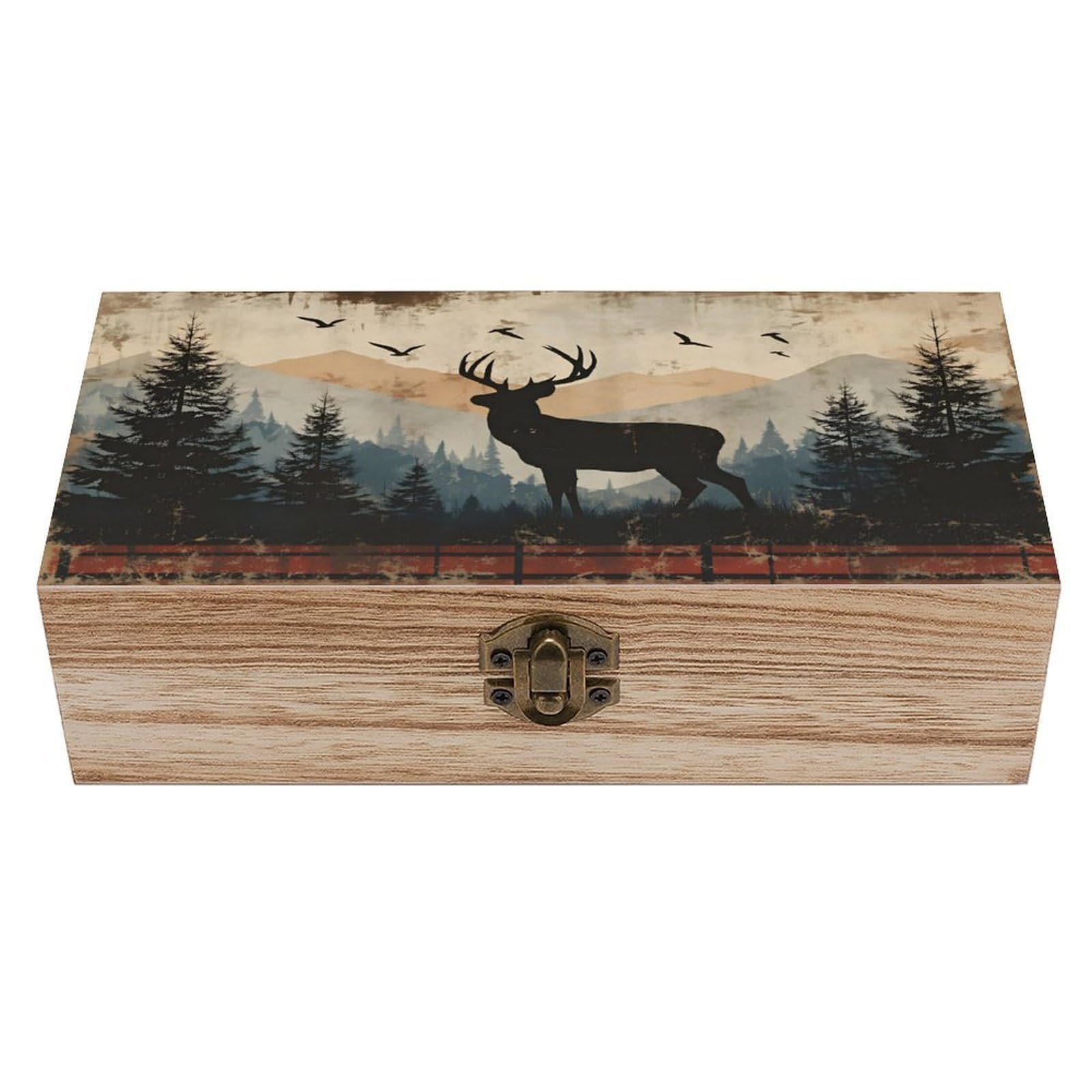 SMAZDFXX Deer Silhouette Mountain Scene Wooden Keepsake Box Vintage Solid Wood with Hinged Lid 7.9"×3.7"×2.3" Metal Latch Rustic Home Decor for Jewelry Photos And Trinkets