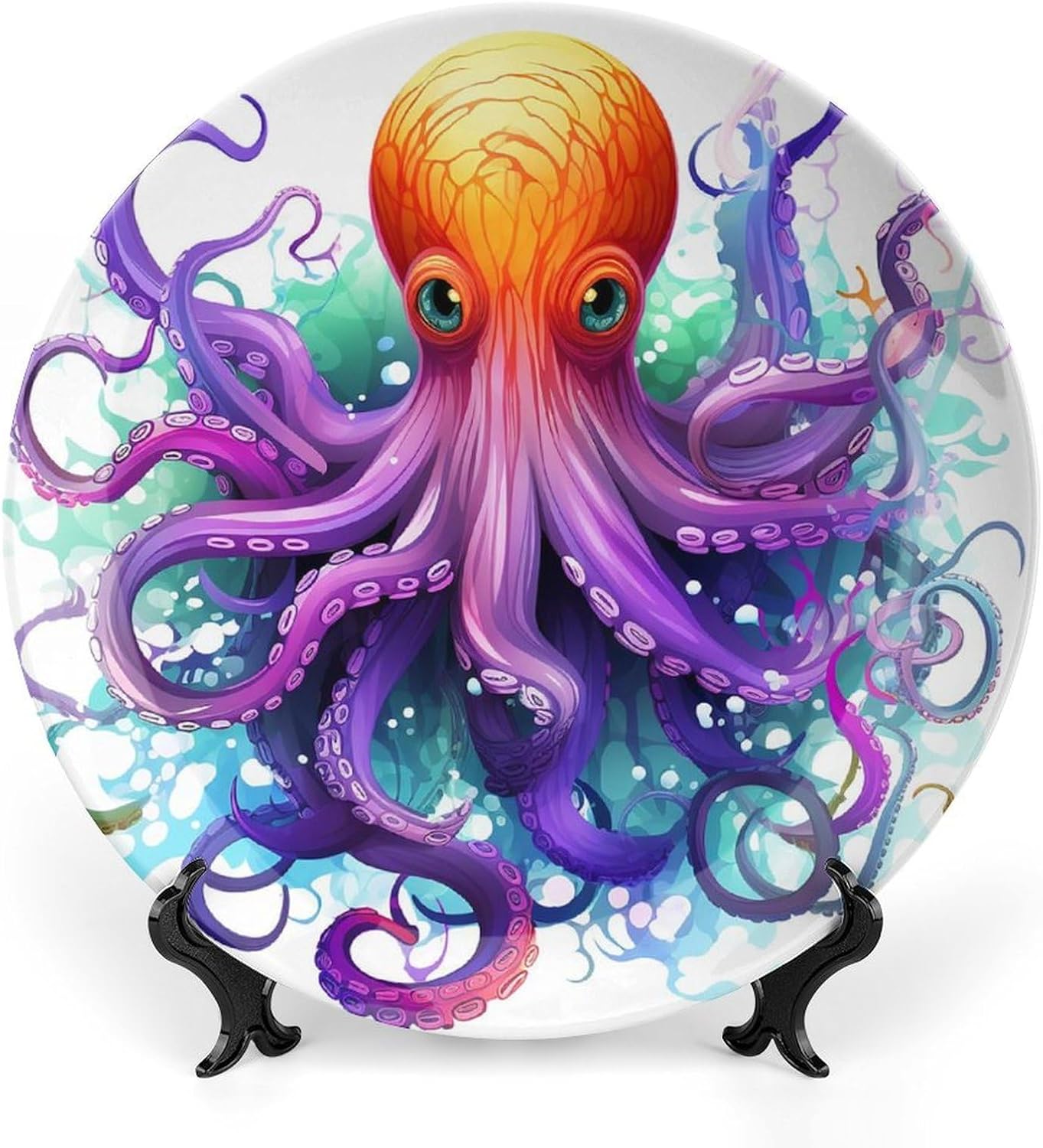 Colorful Octopus Ceramic Decorative Plate for Office Decor, Chinese Style Decorative Dish with Stand, Dinner Dish Decorative Plates for Wall Hanging Bone Collections Plates 10inch
