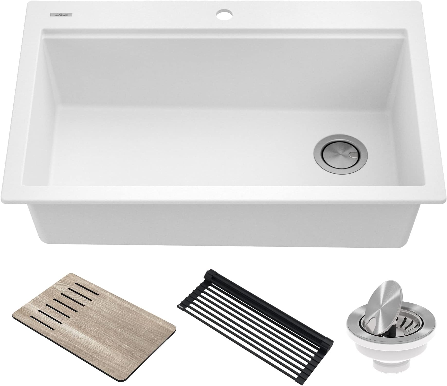 Bellucci Workstation 33 in. Drop In Single Bowl Granite Kitchen Sink in White with Accessories, KGTW1-33WH