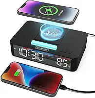 Espelho LED Multifuncional Relógio Despertador Digital Mesa Eletrônico com Modo de Luz Ambiente RGB Display Temperatura Carregamento Sem Fio 10W para Android