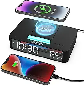 Espelho LED Multifuncional Relógio Despertador Digital Mesa Eletrônico com Modo de Luz Ambiente RGB Display Temperatura Carregamento Sem Fio 10W para Android