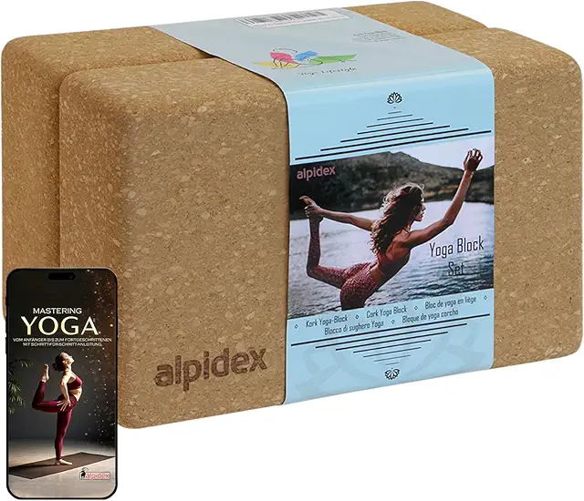 ALPIDEX Yogablock 2er oder 4er Set mit E-Book - Naturkork Yoga Bælte