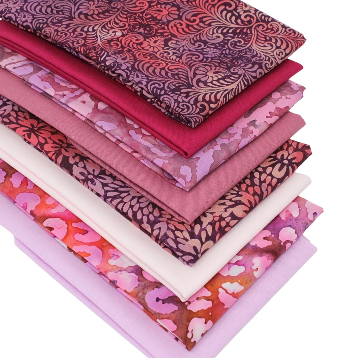 8 Fat Quarters Bundle - 'Shepherd's Delight' Batik and Plain Solid Fabrics in Reds and Pinks. 100% Cotton for Quilting, Patchwork, Crafting (with Free Patchwork Pattern by Overdale Fabrics)