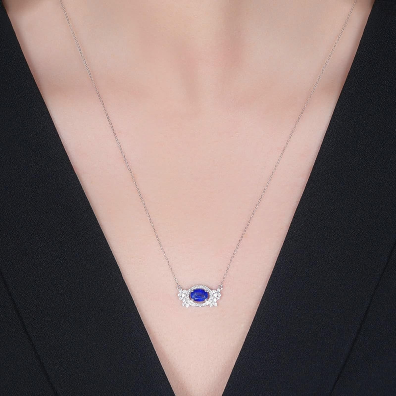Collana Donna Oro Bianco Vera, Ciondolo Collana Donna Matrimonio con Zaffiro Sintetico 1 Carati e Diamante Sintetico, Gioielli con Pietra del Mese di Nascita