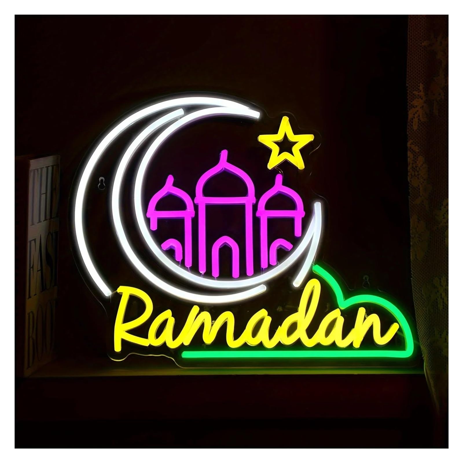 LEMST Signs Lamp Moon Neon Sign for Wall Decor Ramadan Node Light Window Decor Neon Lights for Cafe Office 31x37cm