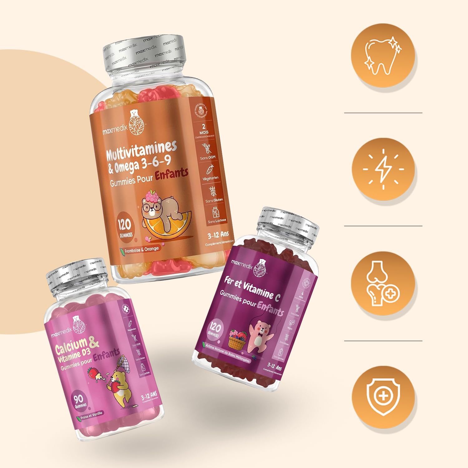 Vitamine Enfant Gummies dès 3 Ans - Multivitamines avec Oméga 3 6 9, Fer avec Vitamine C & Calcium et Vitamine D Enfant Gummies