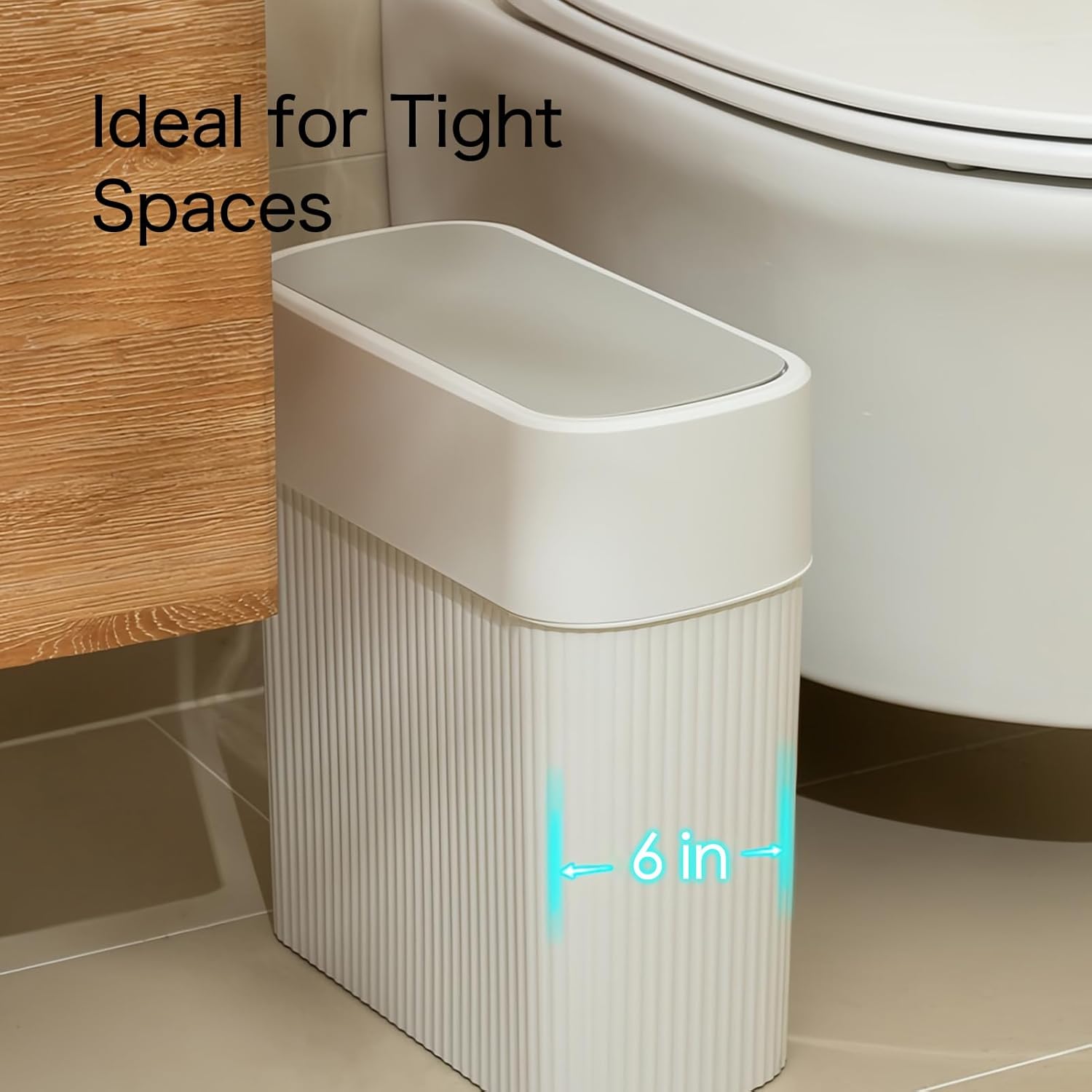Bathroom Trash Can with Press Top Lid, 3.2 Gallon Slim Garbage Can for Kitchen Cabinet, 12L Dogproof Wastebasket Trash Bin for Office, Bedroom, Living Room, Home Countertop - White