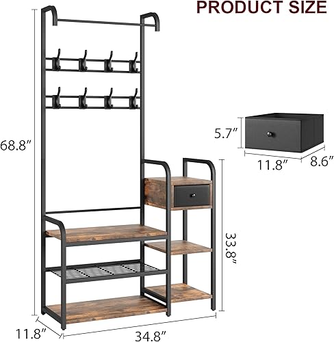 Miniatura 7 de IDEALHOUSE Banco de almacenamiento de árbol de pasillo para entrada, perchero con cajón de almacenamiento, estante de almacenamiento 5 en 1 y 8