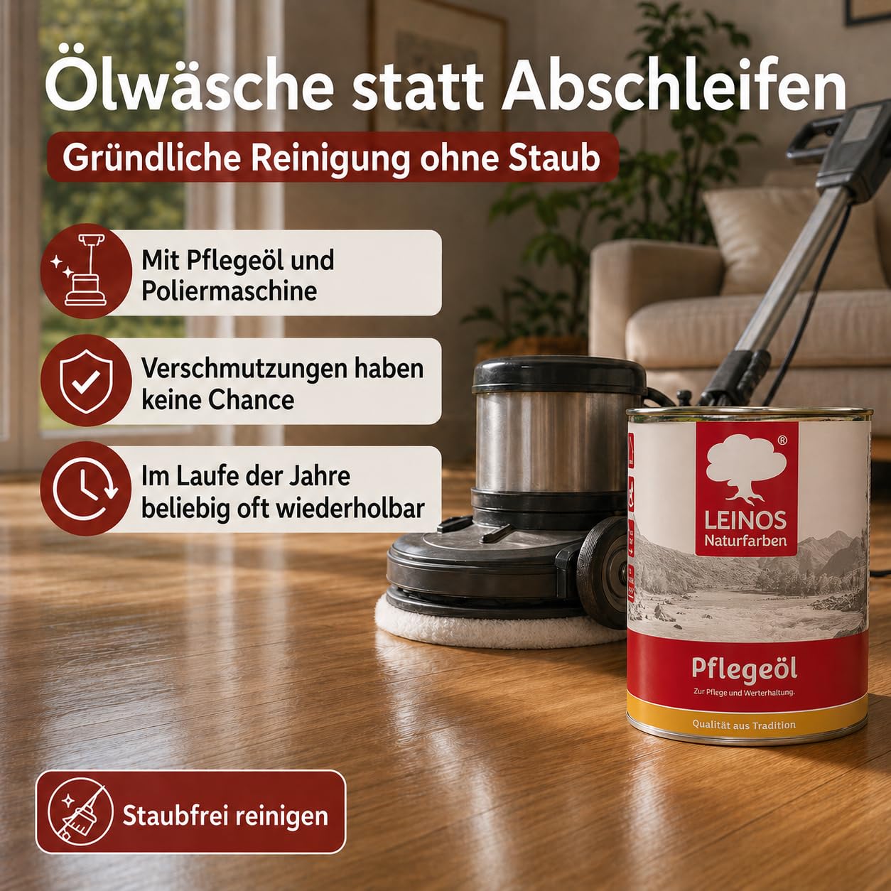 LEINOS 285 Pflegeöl weiß 2,5 Liter für Holz, Parkett, Kork und Linoleum | Pflege, Reinigung und Auffrischung geölter und gewachster Flächen im Innenbereich | Natürlich ökologisch natürliche Optik