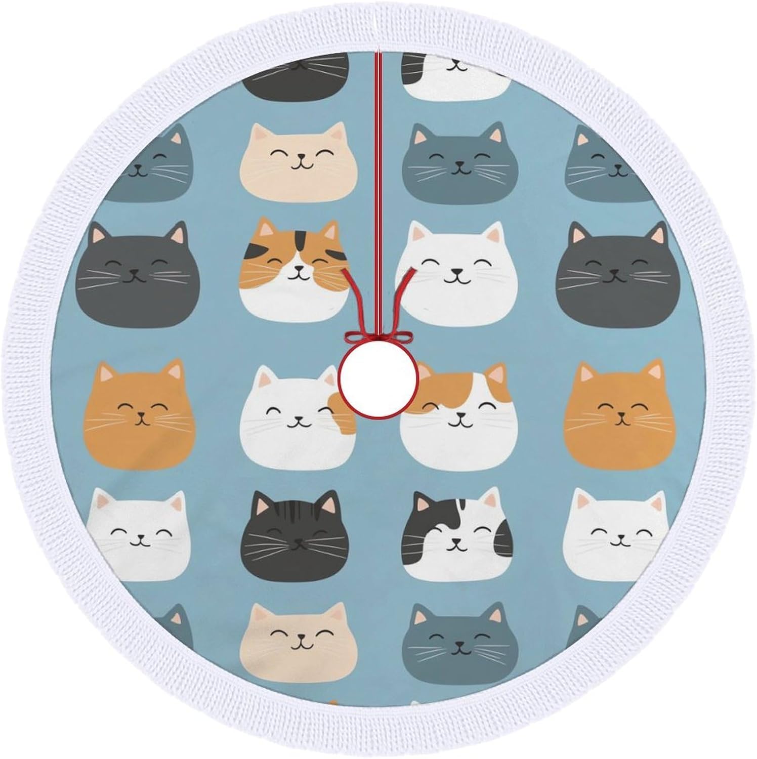 Cute Cat Christmas Tree Skirt Round Xmas Tree Mat Ornaments Tree Skirts with Tassels for Holiday Party
