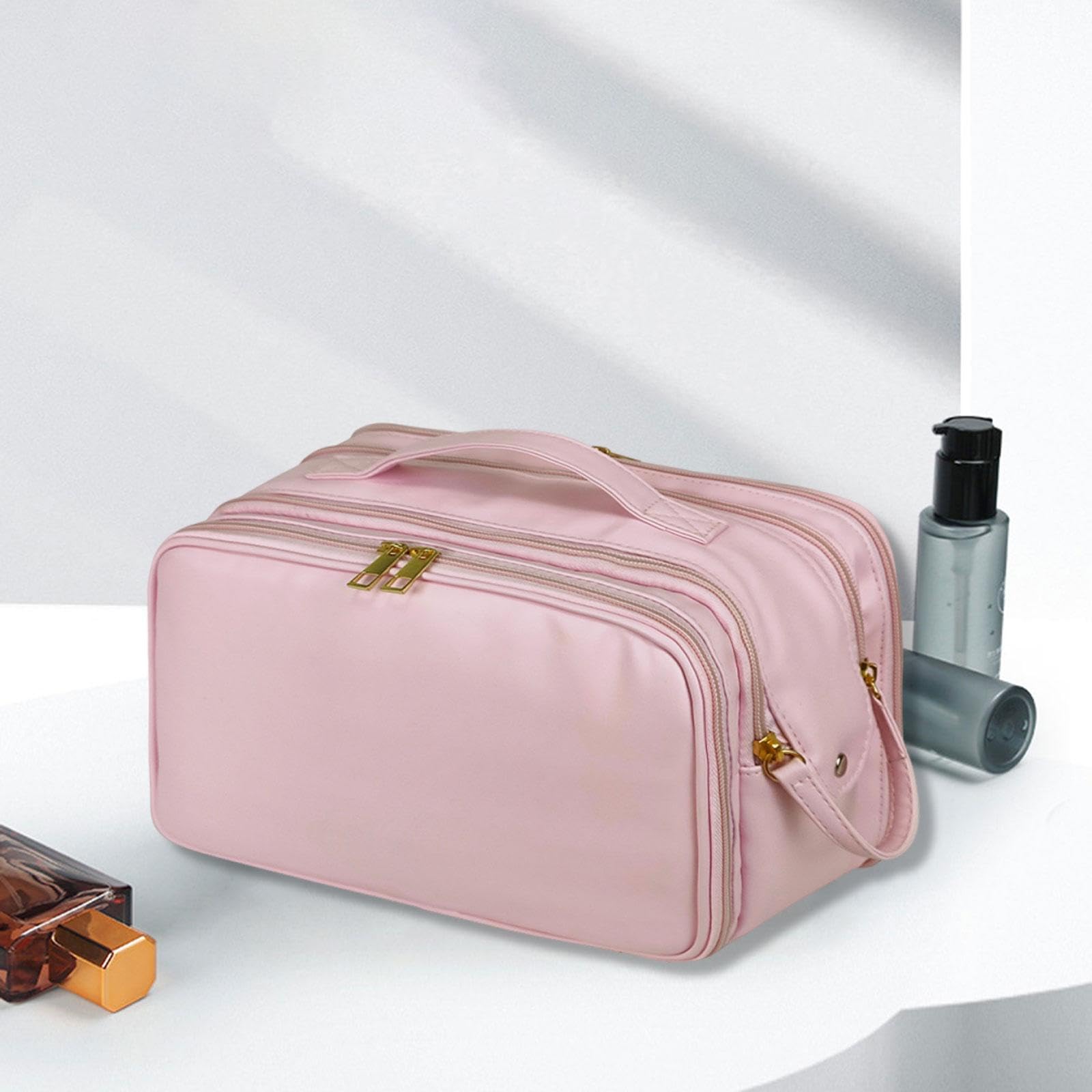 perfk Borsa da viaggio per cosmetici, per trucco, portatile, spaziosa, con portapennelli, robusta custodia per il trasporto, Rosa