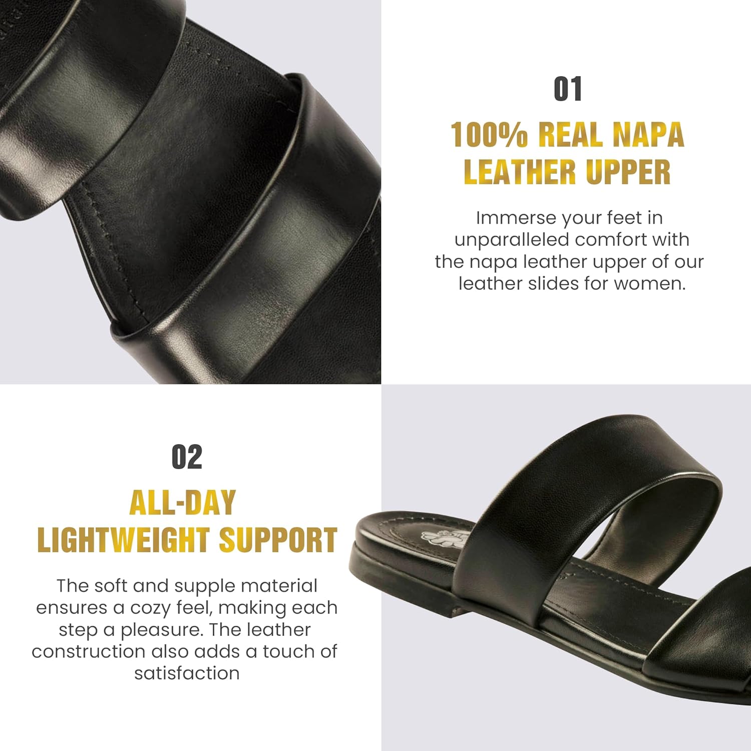 JATAREA Slip-On Flat Leather Slides for Women & Two Strap Open Toe Beach Sandals