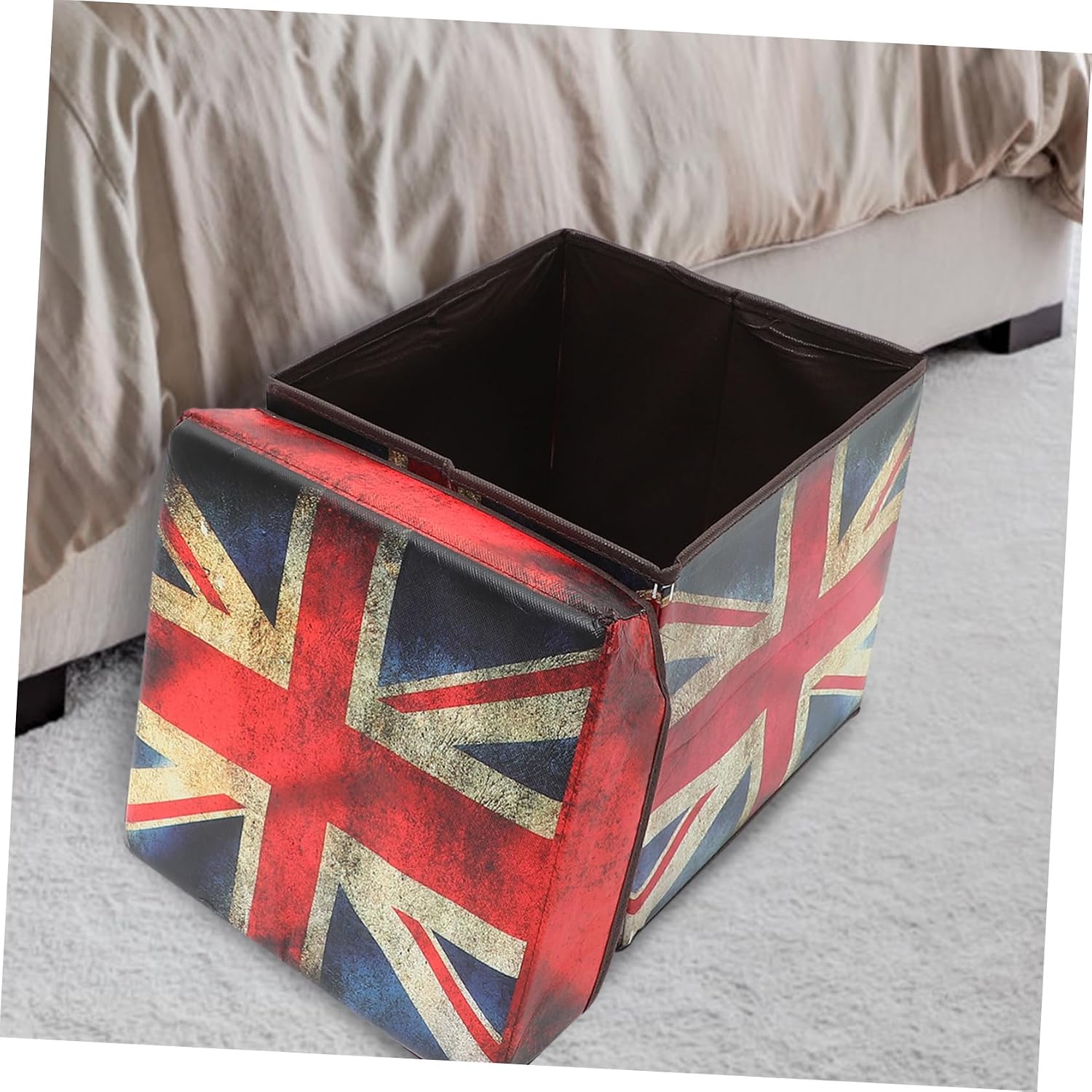 Vintage British Flag Folding Storage Stool with Lid Multi-Functional Home Storage Seat and Footrest Dustproof Organizer Box for Living Bedroom Entryway and Practical Furniture