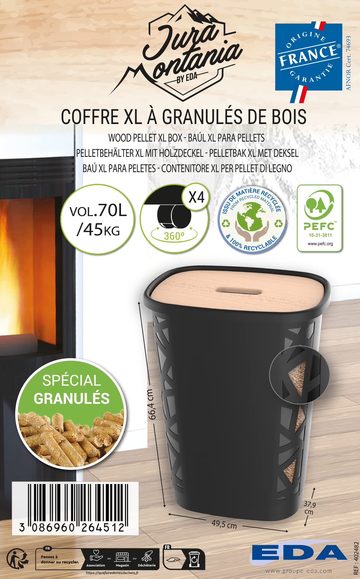 EDA - Jura Montania XL pojemnik na pellet z kółkami 70 L - dla 45 kg pelletów - czarny, 010482 NO, 49,6 x 37,9 x 66,4 cm