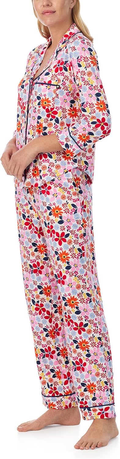 kate spade new york Women’s Pajama Set, 2-Piece Notch Collar 3/4 Sleeve Top & Full Length Pants, Pink City Blossoms, Large