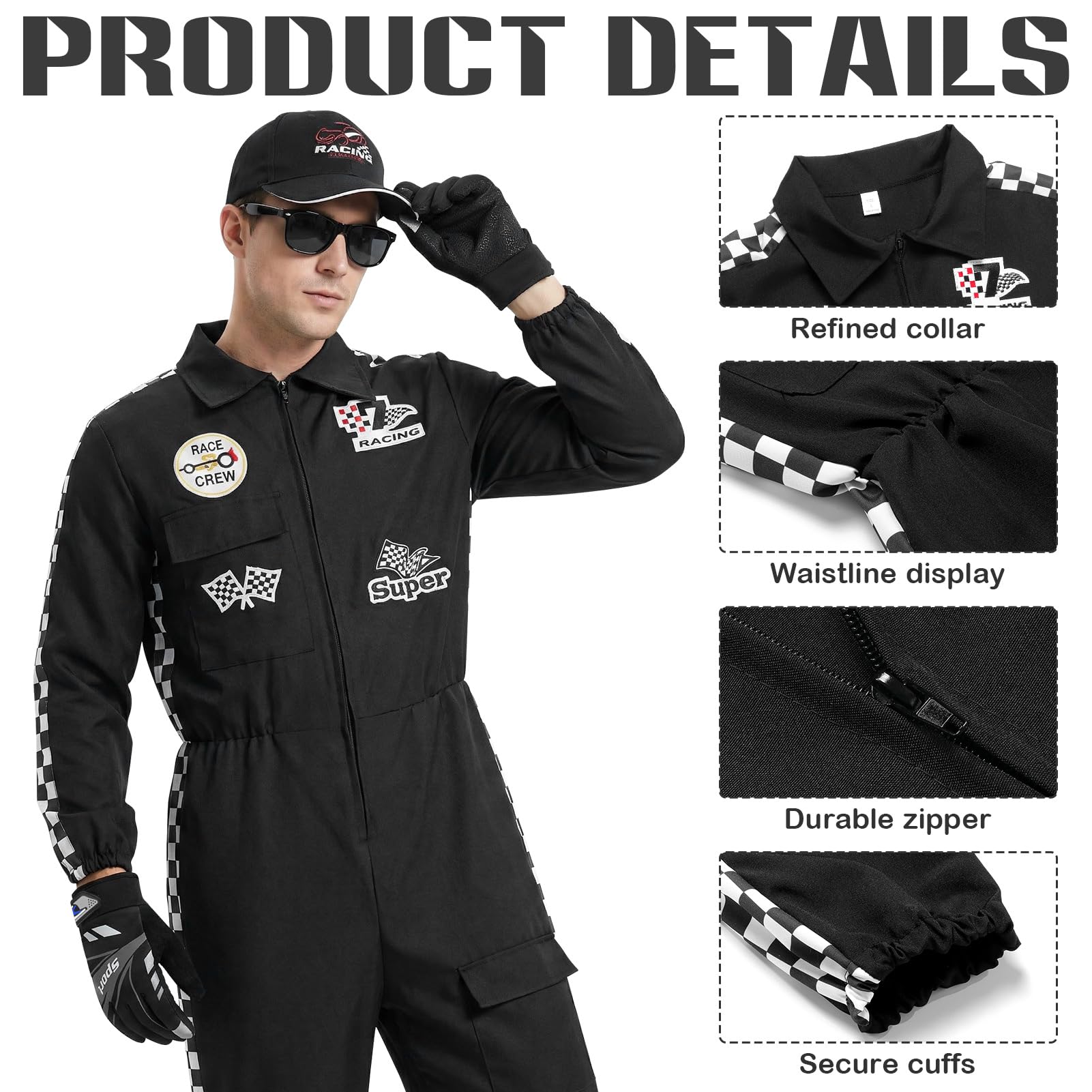 Rennfahrer Kostüm Herren Damen,Faschingskostüme Erwachsene,Rennfahrer Overall Jumpsuit Accessoires 6-teilig mit Hut Sonnenbrille Handschuhen Medaille