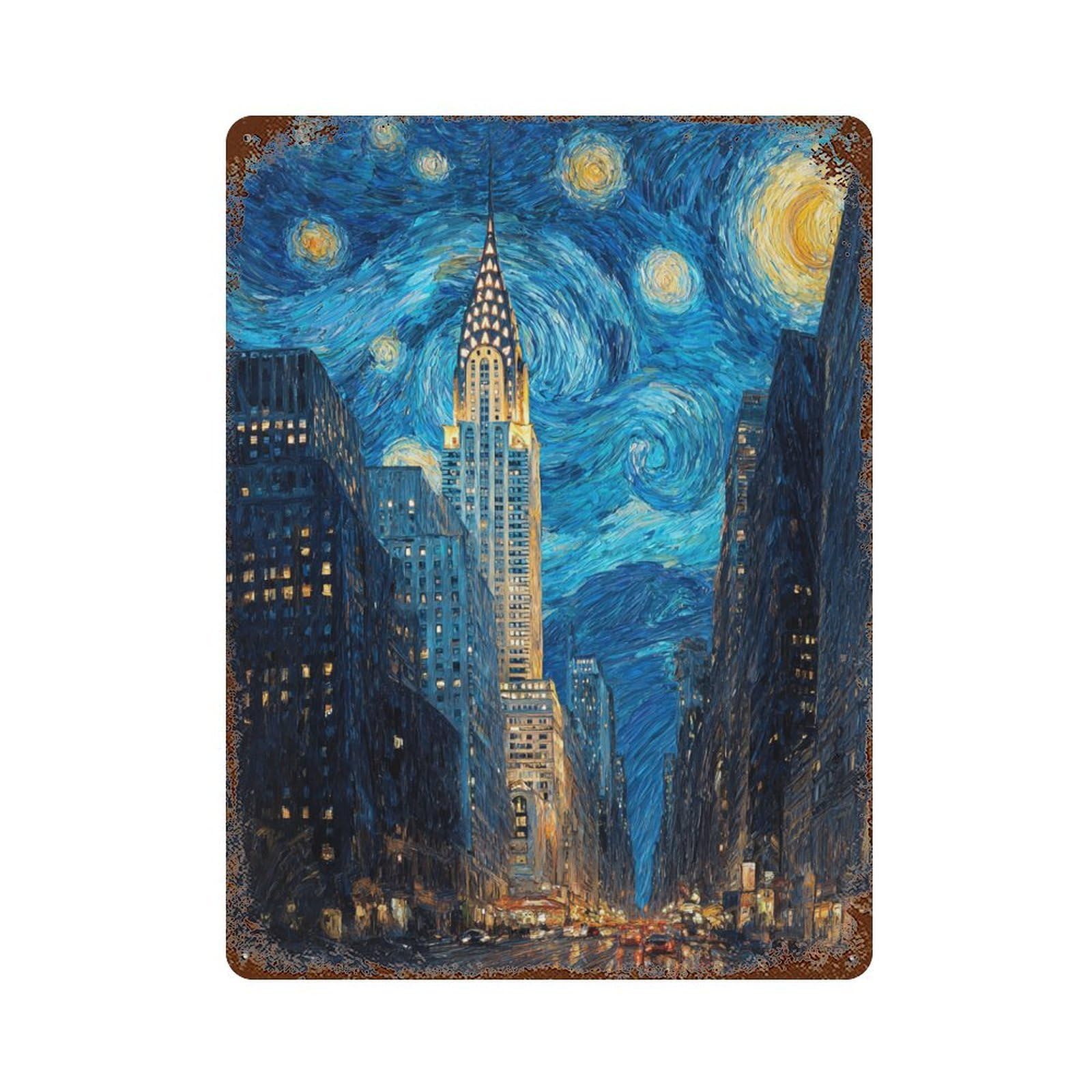 New York City Skyline at Night -1 Vintage Rust Metal Sign 15.7"x11.8", Shabby Chic Decor for Shed, Workshop And Garage Wall Decor