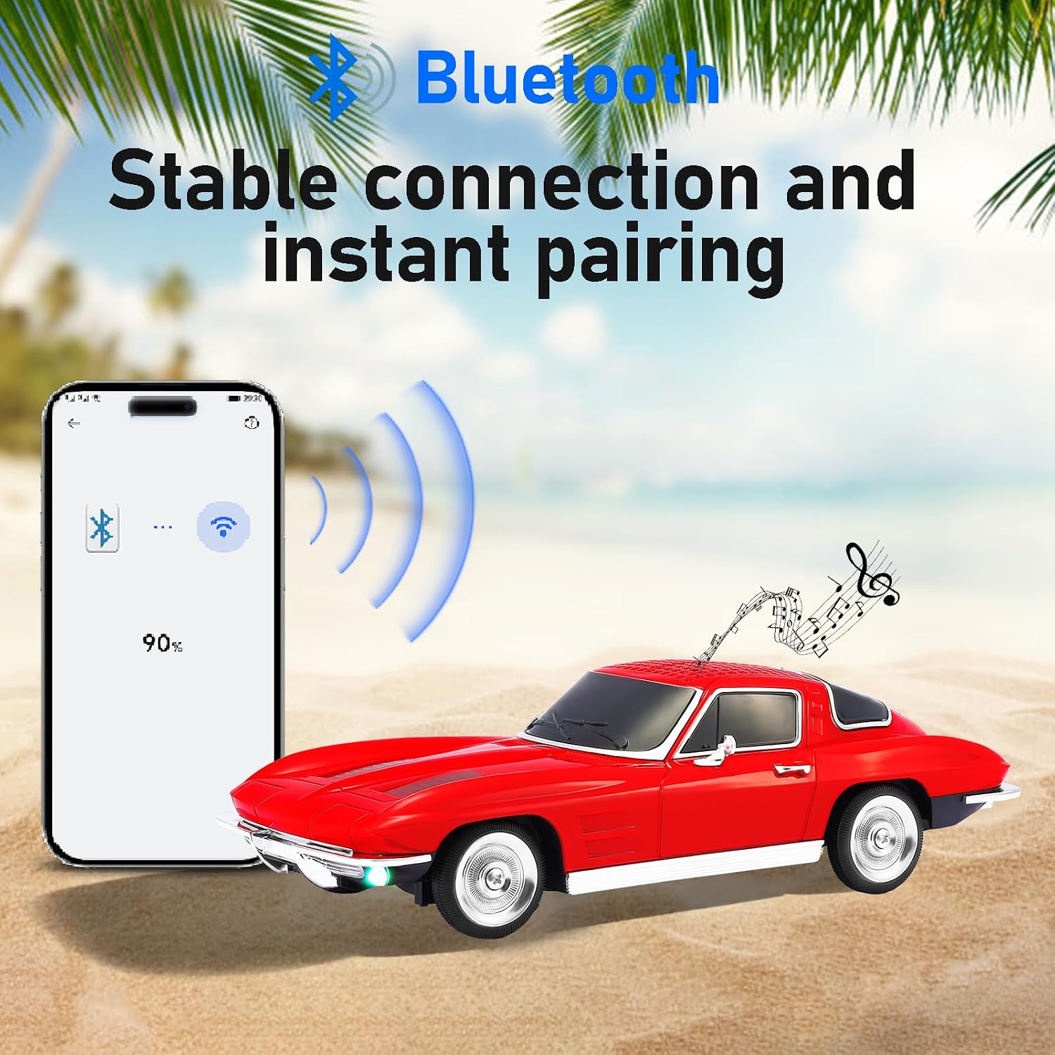WSTER WS-1969 Retro Sports Car Bluetooth Replica Speaker – Portable Wireless Model with HD Sound, TWS Stereo Pairing, FM Radio, USB/TF Playback, LED Headlights & Taillights, Built-in Mic (Red)
