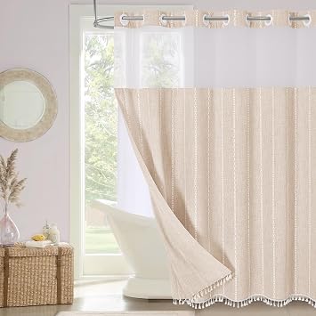 MitoVilla No Hooks Needed Farmhouse Shower Curtain with Snap-in Liner - with Window & Magnets, Boho Cotton Linen Fabric Shower Curtains with Tassels for Rustic Bathroom Decor, Beige/Cream, 72 x 74