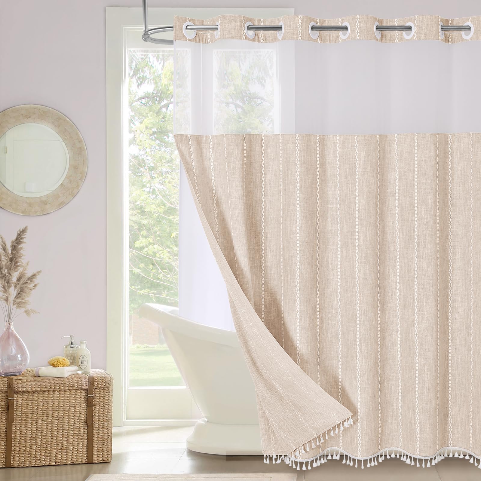 Cortina de ducha con forro a presión, no necesita ganchos, ventana e imanes, cortinas de ducha de tela de lino y algodón bohemio con borlas para decoración rústica de baño, beige/crema, 72 x 74