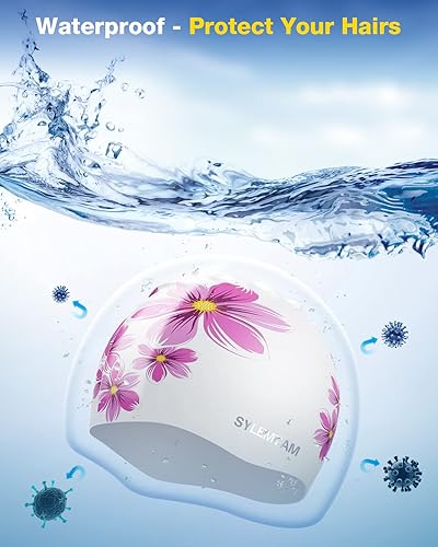 Miniatura 5 de SYLEMTAM Gorros de natación de silicona para cabello largo, impermeables, para mujeres adultas, cómodos gorros de natación aptos para cabello