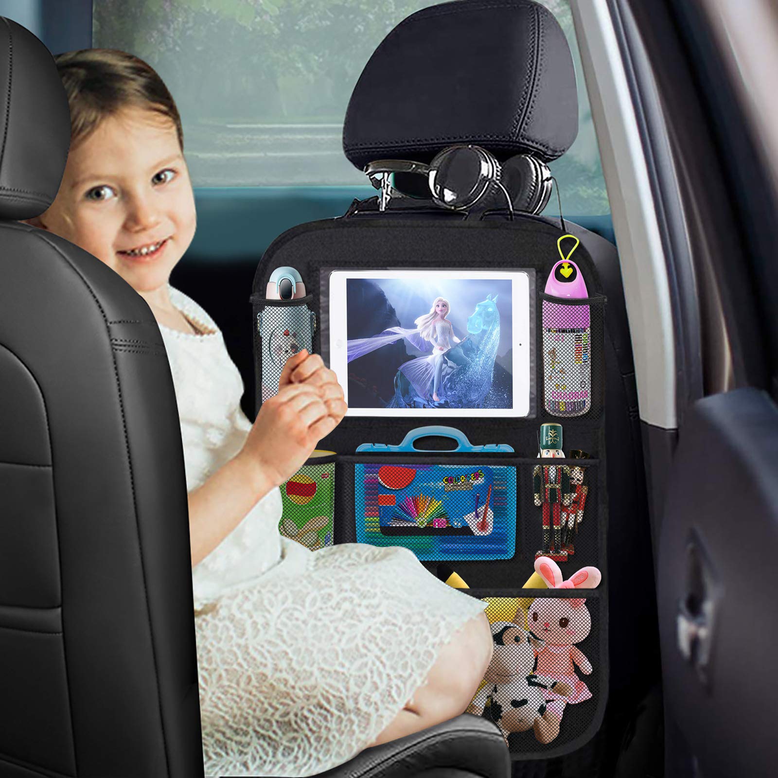 Organizer Sedile Auto Bambini, 2 Pcs Protezione Proteggi Sedile Posteriore con Multi-Tasca Portaoggetti (9 Pocket), Impermeabile Organizzatore Auto con Supporto Trasparente per 10” ipad Tablet