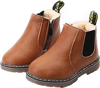 EsTong Baby Fur Lined Leather Boots Anti-Slip Winter Snow Booties for Toddler Boys Girls