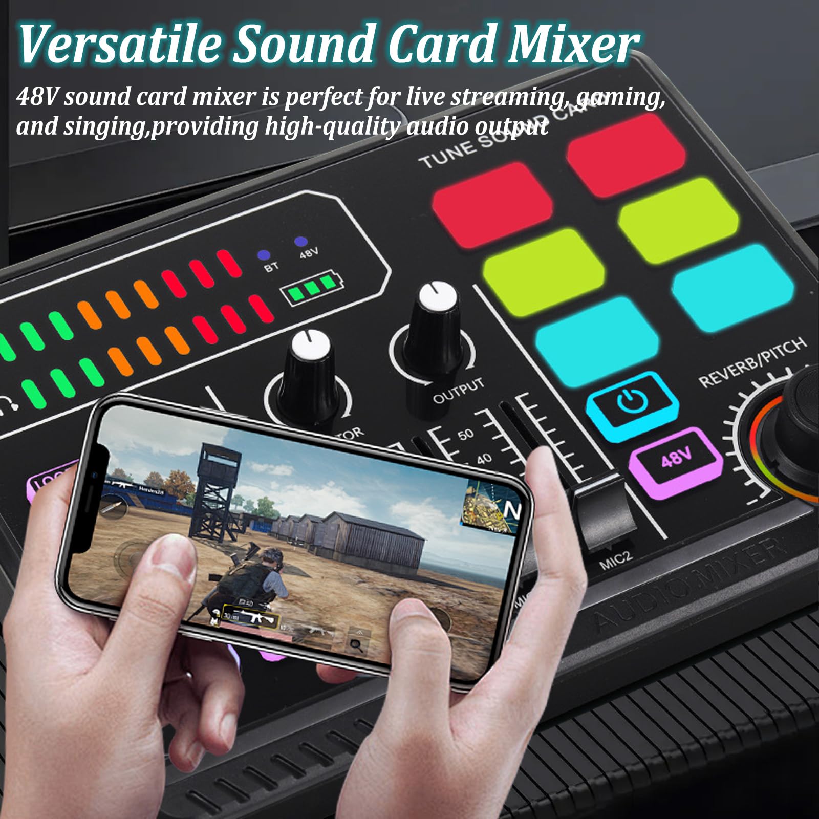 Mixer audio da gioco con 48 V Phantom Power, RGB PC mixer per streaming, mixer RGB per microfono XLR, mixer audio per PC/Phone/Gamer Creators/Live/YouTube/Personalizzato