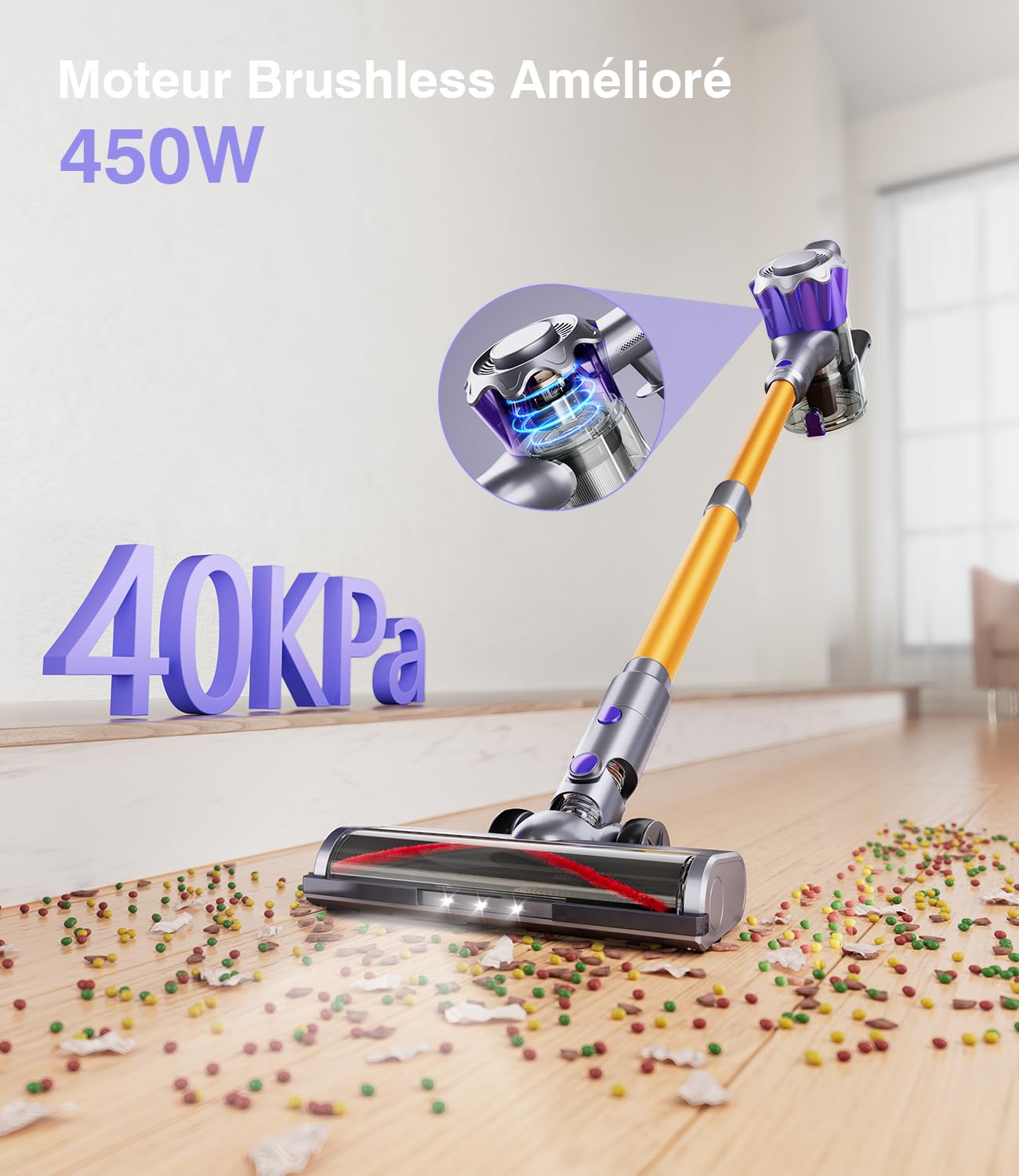 Aspirateur Balai sans Fil 450W/40KPA, 50 Minutes Autonomie Aspirateur sans Fil Puissant avec Écran Intelligent, aspirateur (Jaune)