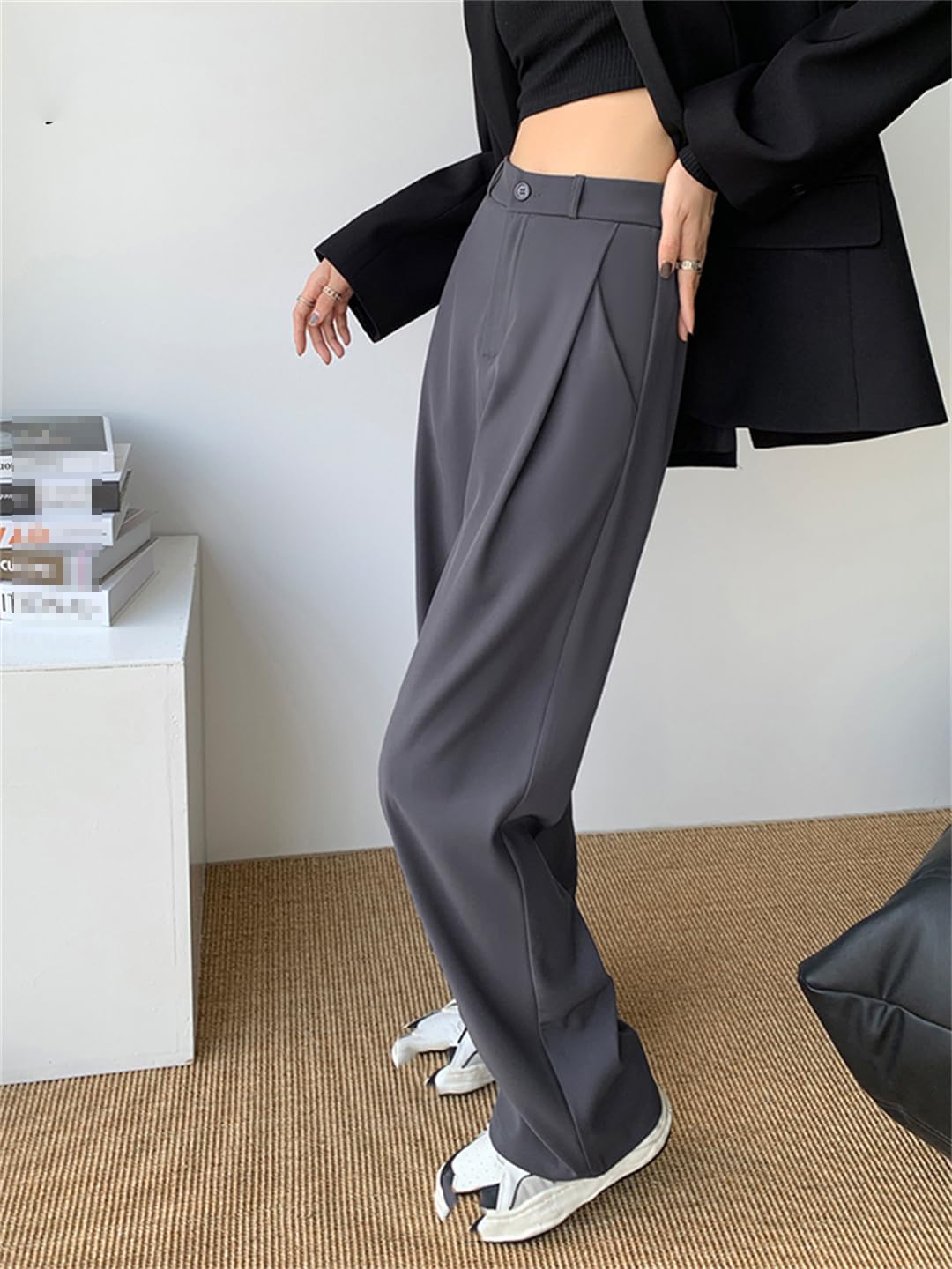 Women's Straight Loose Trousers Gray Khaki Suit Trousers Women's Korean Style High Waist Trousers