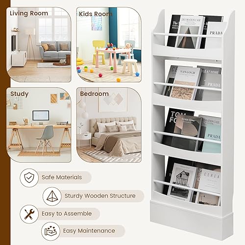 Miniatura 11 de Tangkula Estantería para niños, estantería independiente de 4 niveles para libros, revistas y periódicos, 2 kits antivuelcos, estante de