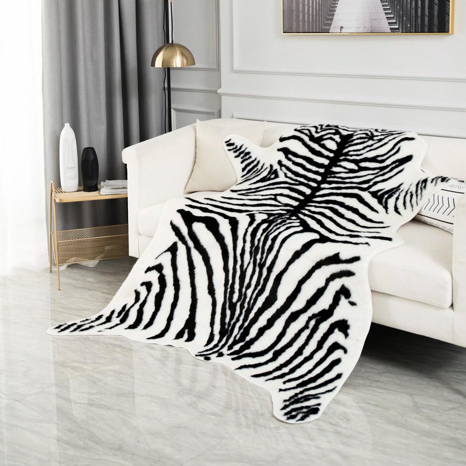 Grande tappeto zebrato in finta pelliccia, 1,5 m x 2 m, adatto per camera da letto, soggiorno, decorazione occidentale, finta pelliccia, tappeto in pelle di mucca, nero e bianco