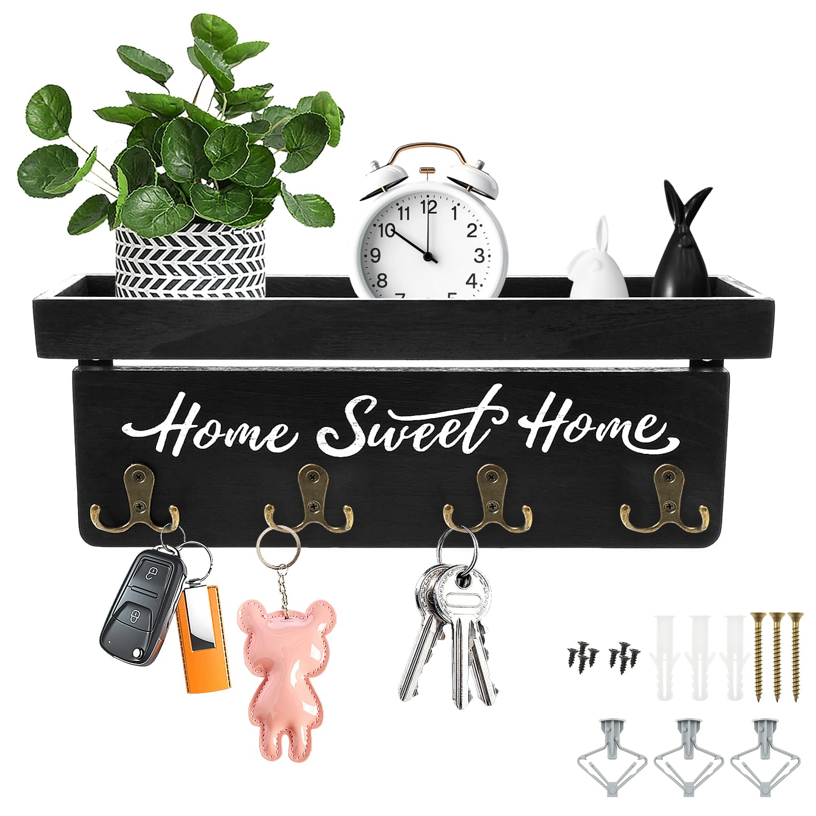 QINGLANG Wall Key Holder with Wood Tray and 8 Hooks Key Racks Wall Mounted Keys Hangers Wooden Mail Rack Organizer with Shelf Rustic Home Decor for Entryway Hallway Bedroom Mudroom Office(Black)