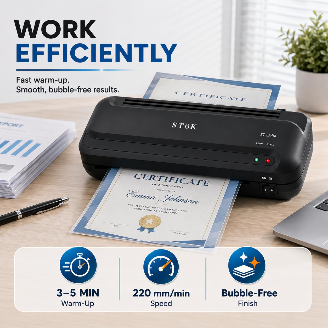 SToK LA4M A4 Laminating Machine, Ideal for Photos, ID Cards, Students' Projects, Aadhaar Cards, and More | Thermal Laminator Comes with Jam Release Button and Lamination Pouches (1 Year Warranty)