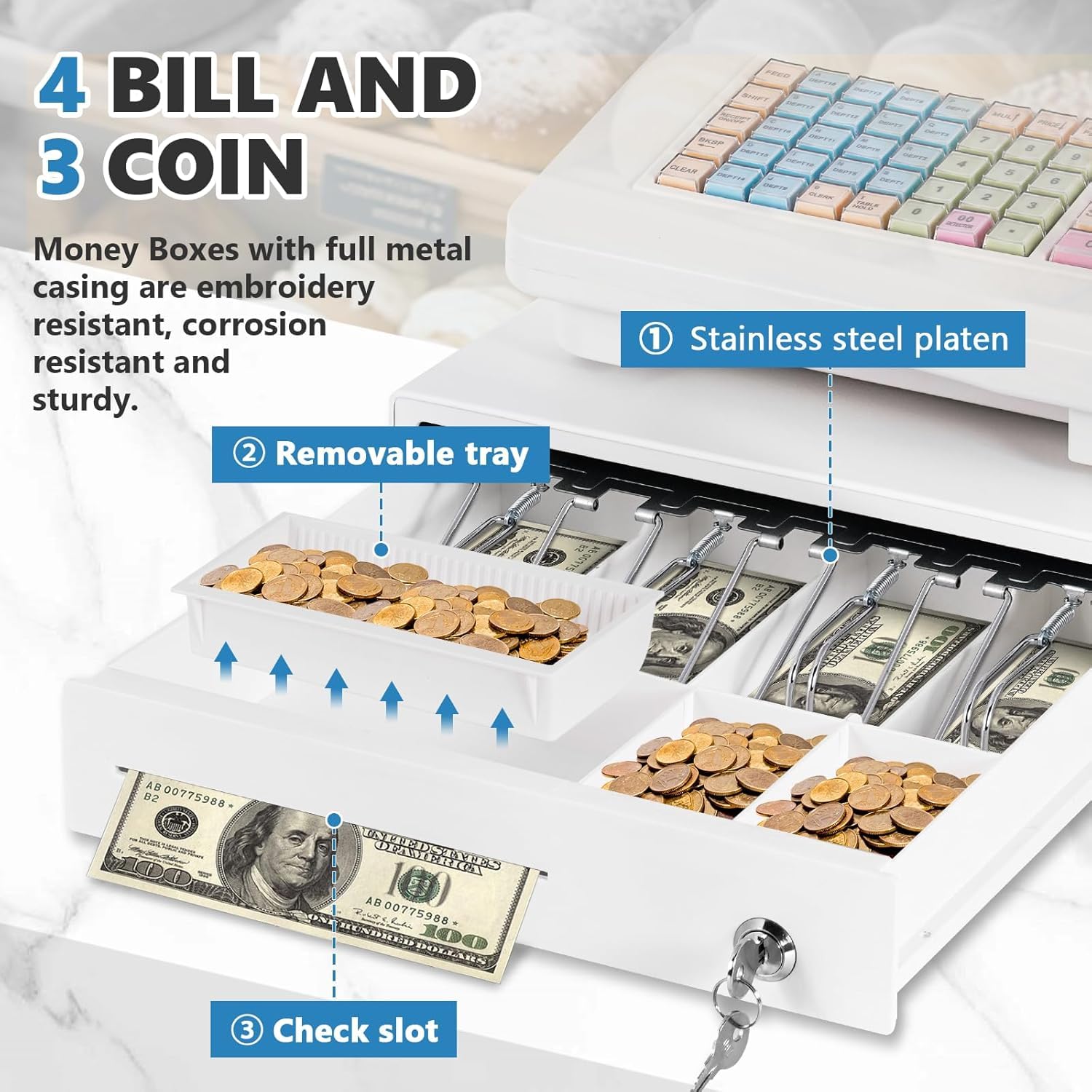 MXBAOHENG Caja registradora electrónica 48 teclas Caja comercial con 3 rollos de 58 mm impresión térmica Sistema de caja registradora inteligente con cajón de efectivo (Sistema de inglés)