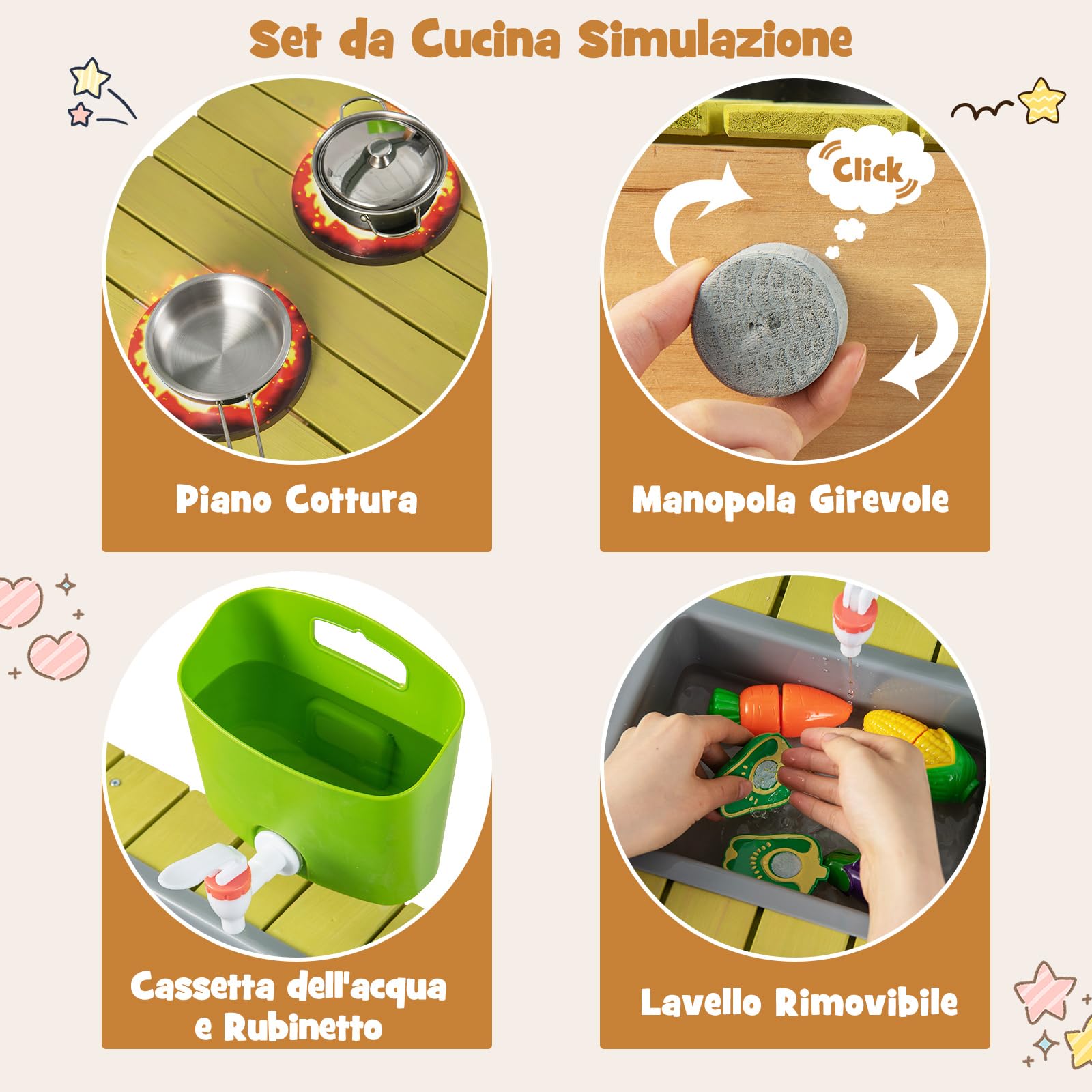 COSTWAY Cucina Giocattolo per Giardino in Legno di Abete, Cucina per Bambini con Serbatoio dell'Acqua e Lavello Rimovibili, 3 Ripiani Aperti, Funzione Suoni, per Bambini 3+ Anni (Naturale)