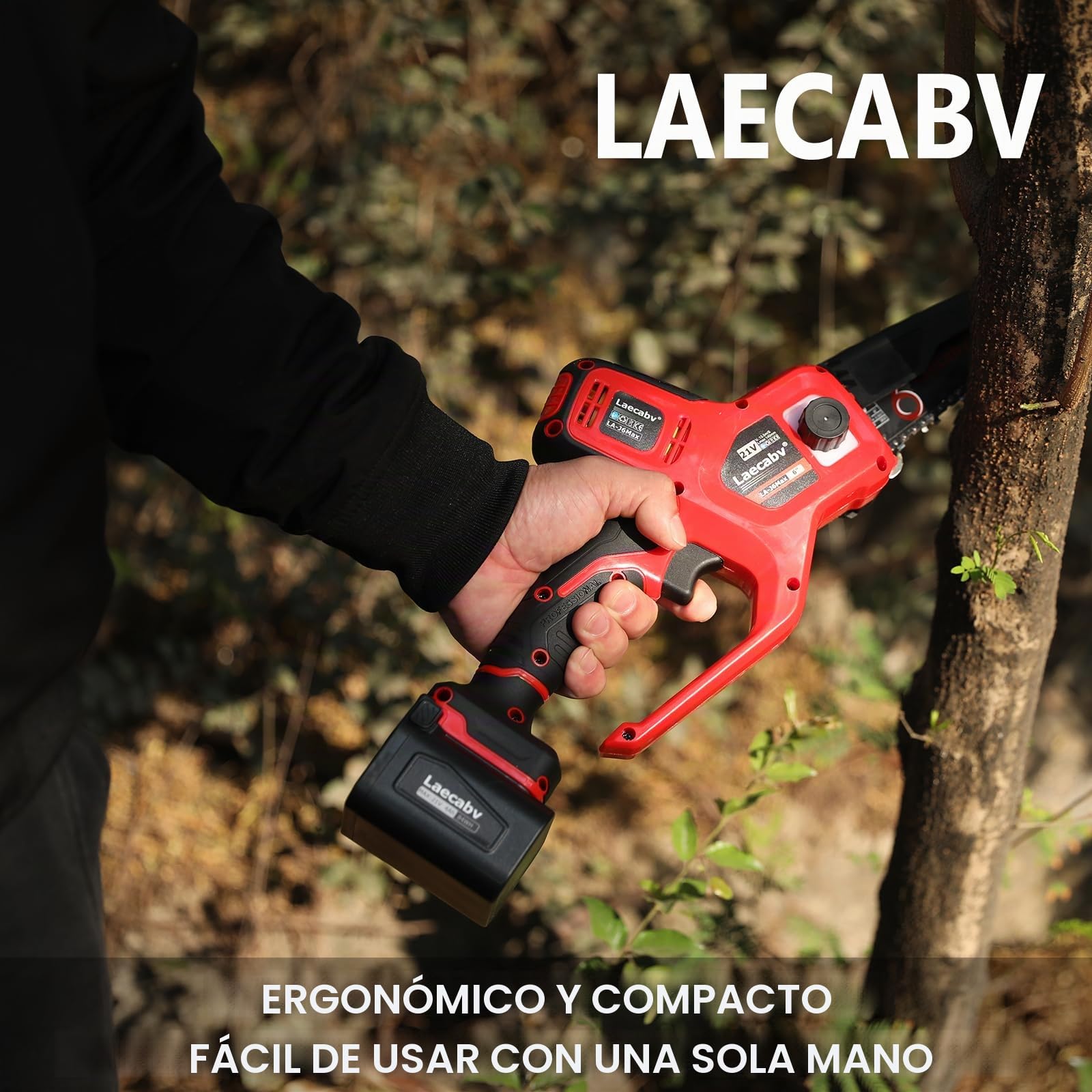 Laecabv Mini Motosierra Eléctrica de Mano, Rojo | Batería no incluida, Bloqueo de Seguridad, Para árboles, Para ramas, Para jardín
