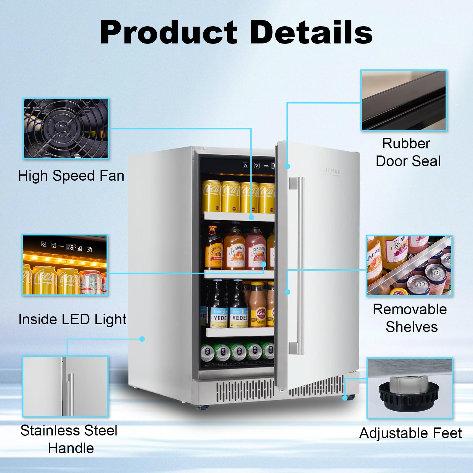 Akicon 24 Inch Beverage Refrigerator, 164 Cans Mini Drink Fridge With Temperature Memory,Under Counter/Built-In/Freestanding Beverage Cooler,3 Removable Shelves on Fridge.com - View 4