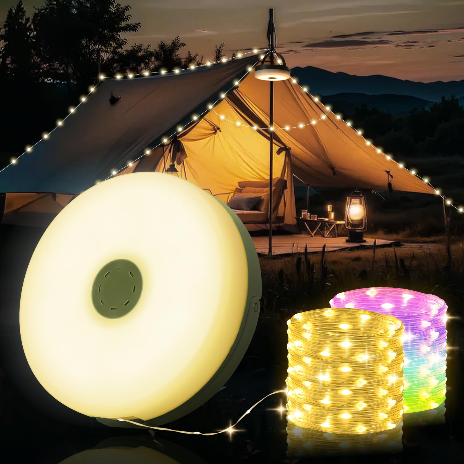 Yizhet Camping-lichtketting 2 in 1, 10 m lichtsnoer, oprolbaar, 9 modi, warm en kleurrijk licht, USB C oplaadbaar en IPX4 waterdicht voor tent, tuin, outdoor, groen Klussen & gereedschap