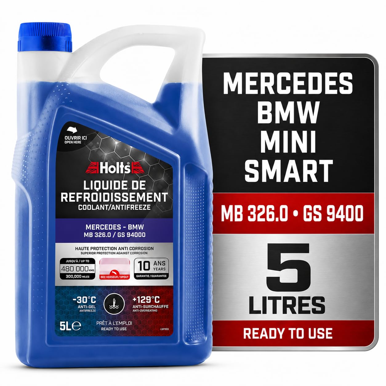Anticongelante Concentrado Holts HAFR0008B para Coche Mercedes y BMW, Vida útil de 10 años y 300 mil kilómetros, protección hasta -37°C, Incluye Pico, Azul, 5 litros