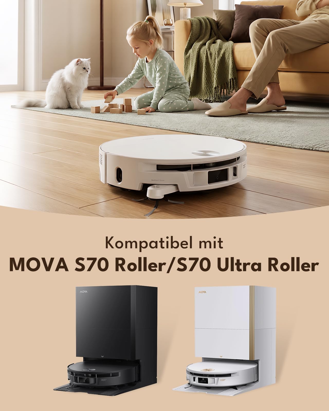 22 Stk. Zubehörsets für Mova S70 Roller/ S70 Ultra Roller Saugroboter: 2 Hauptbürste, 2 Rollenwischer, 6 Seitenbürste, 4 HEPA-Filter, 6 Staubbeutel, 1 Bürste, 1 Schraubendreher