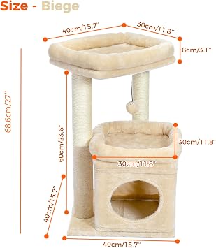 PAWZ Road Small Cat Tree, Multi-Level Cat Tower with Sisal-Covered Scratching Post, Cozy Condo and Top Perch for Indoor Cats, Applicable to Summer, Beige