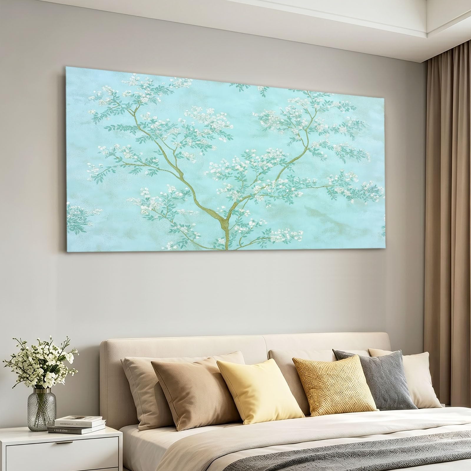 Obraz ścienny z ramą 100 x 70 cm, naturalny, obraz na płótnie do salonu, sypialni, kuchni, biura - niebieskie drzewa, kwiaty, gałązki i liście, dekoracja ścienna