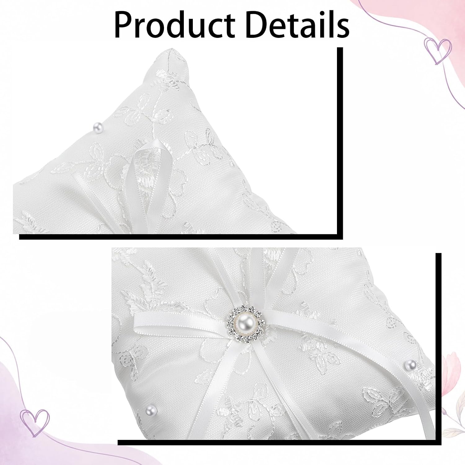 Ring Bearer Pillow, Wedding Ring Pillow, Lovely Bud Bowknot Rings Pillows with Pearls for Wedding Party Decoration, Proposal Ceremony, 5.9" x 5.9" (White)