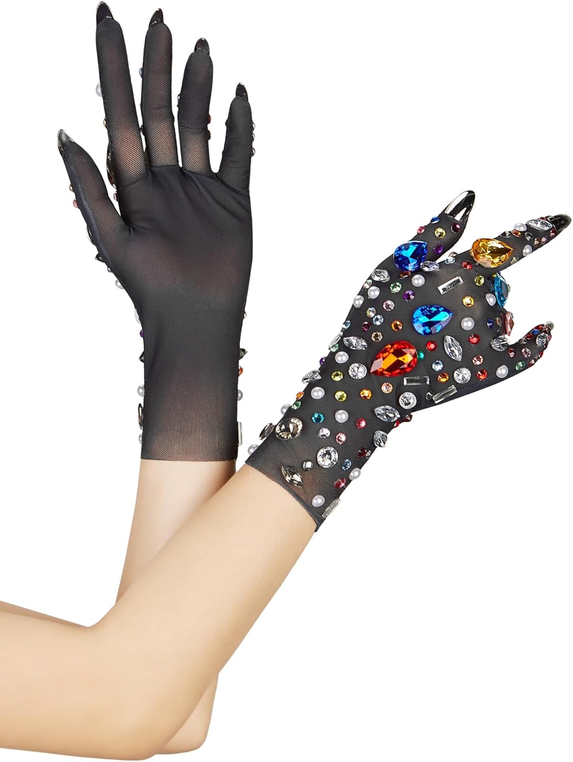 Sparkly Mesh Breathable Women Short Glitter Crystals Rhinestone Gloves Black Accessories for Prom Party Halloween Costumes