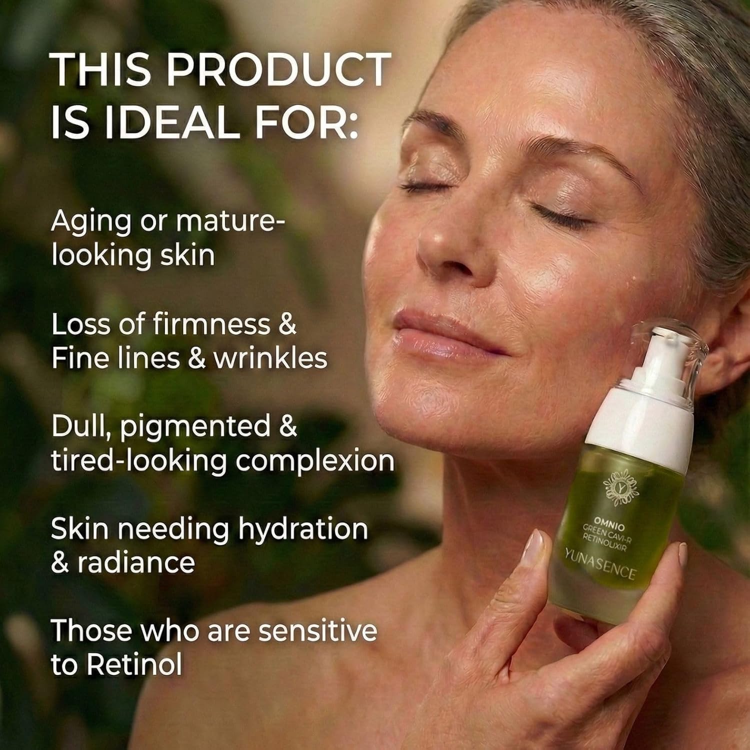 YUNASENCE OMNIO Green Cavi-R Retinolixir, w/3% Bakuchiol, Marula, Vitamin C, Chaga Mushroom. Anti Aging, Firming. Bio-Retinol.
